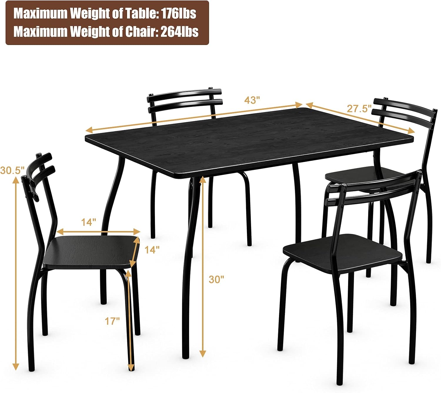 COSTWAY 5-Piece Dining Set Table and 4 Chairs Home Kitchen Room Breakfast Furniture Black