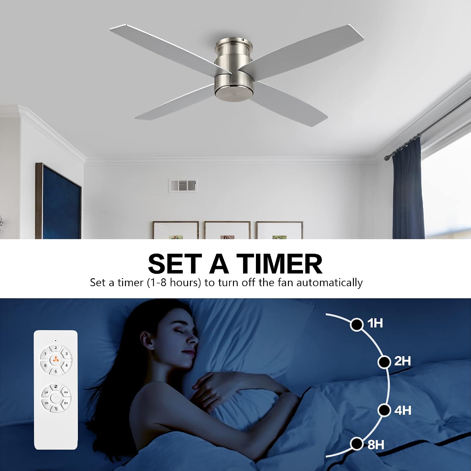 WINGBO 52' Flush Mount DC Ceiling Fan without Lights, 4 Reversible Blades, Ultra Quiet 6-Speed DC Motor, Hugger Low Profile Indoor Ceiling Fan No Lights, Brushed Nickel Finish