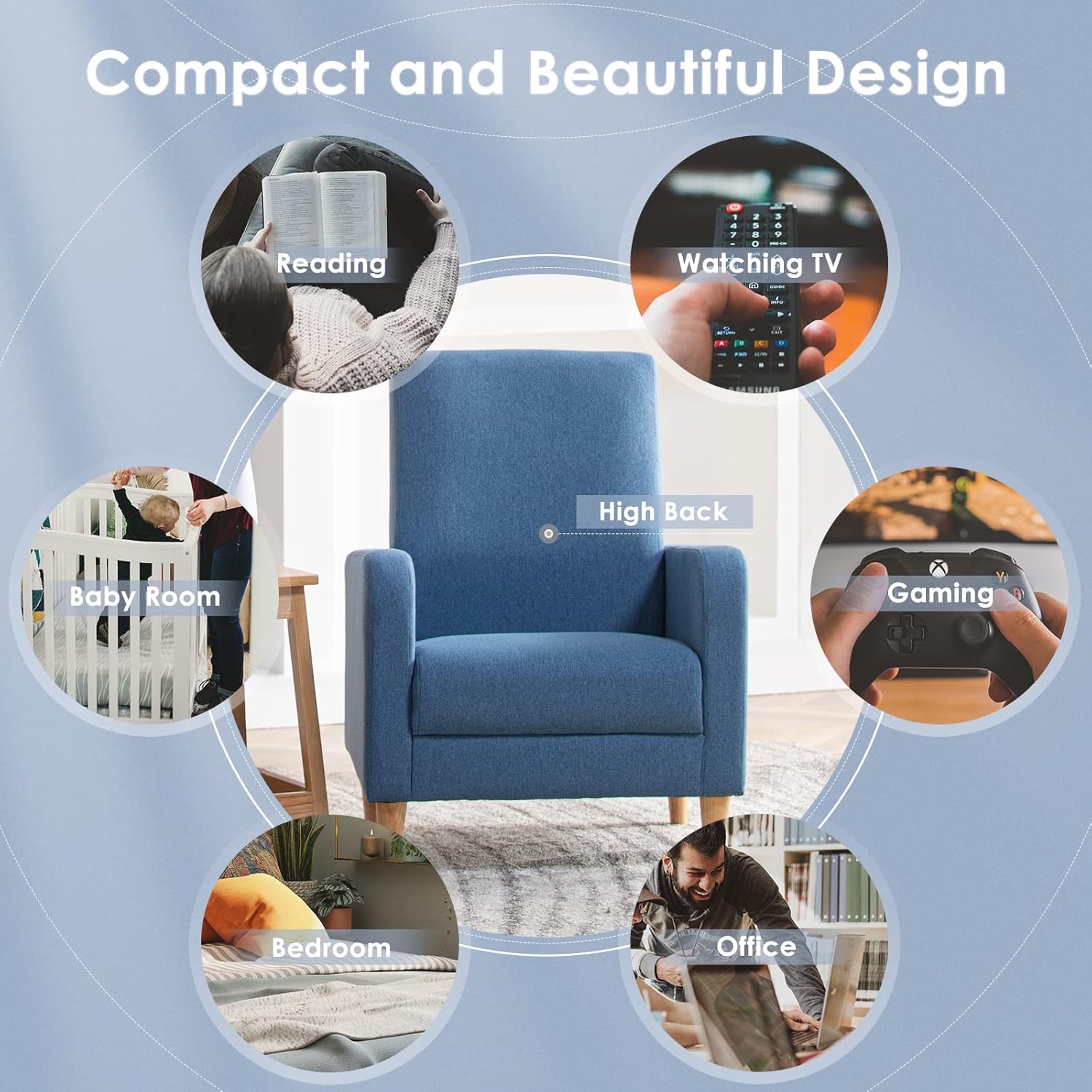 COLAMY Modern Upholstered Accent Chair Armchair with Pillow, Fabric Reading Living Room Side Chair,Single Sofa with Lounge Seat and Wood Legs, Blue