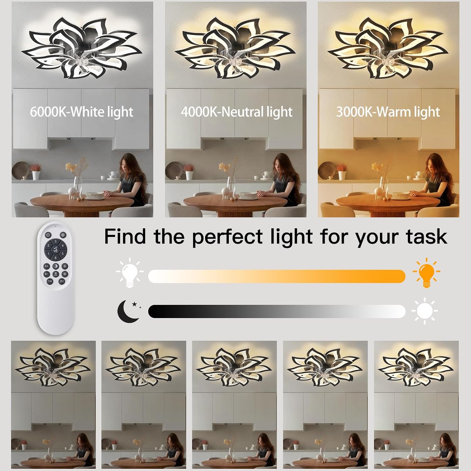 Dalouguan 35' Black Modern Ceiling Fan with Lights Remote Control, 6 Speeds 3 Light Color Low Profile Flush Mount Ceiling Fan with light for Kitchen Bedroom