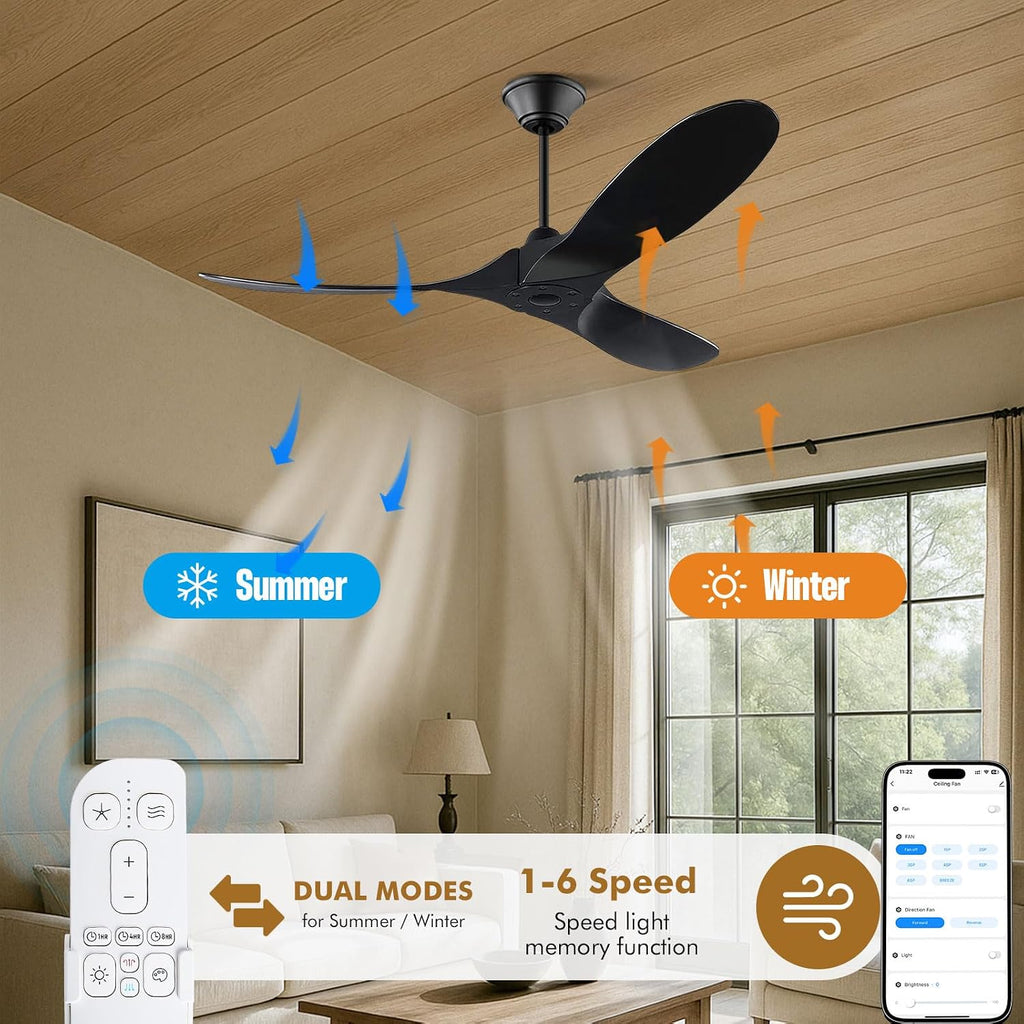60 inch Black Outdoor Ceiling Fan for Patios without Lights Damp Rated, Large Airflow Smart Ceiling Fan with Alexa/Remote/App Control, Outdoor Wood DC Fan No Light for Commercial Indoor Exterior Porch