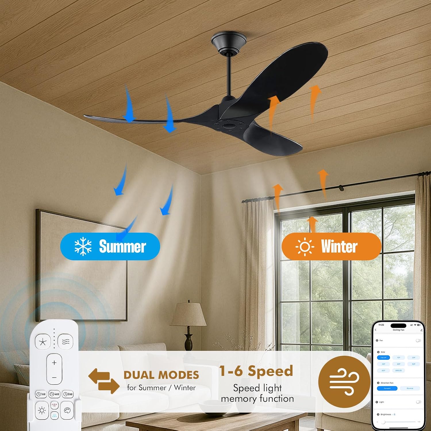 60 inch Black Outdoor Ceiling Fan for Patios without Lights Damp Rated, Large Airflow Smart Ceiling Fan with Alexa/Remote/App Control, Outdoor Wood DC Fan No Light for Commercial Indoor Exterior Porch