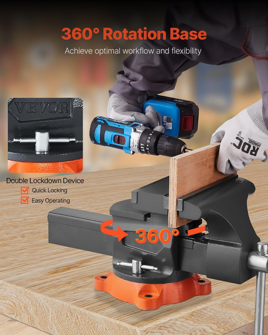 VEVOR Bench Vise, 8' Jaw Width, 8' Max Jaw Opening Multipurpose Vise with 360° Swivel Locking Base, 3.7' Throat Depth, Heavy Duty Ductile Iron Workbench Vise, Two-Way Jaws for Clamping Round Pipes