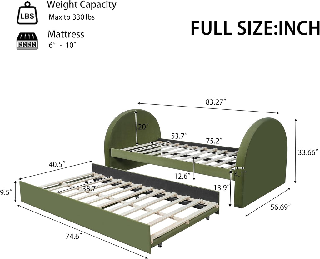 Christopher Knight Home Leonhart Velvet Upholstered Full Size Bed Frame with Headboard/Footboard, Day Bed Frame with Pull-Out Functionality, Iron Frame + Wooden Slat Trundle Bed Full, Olive Green