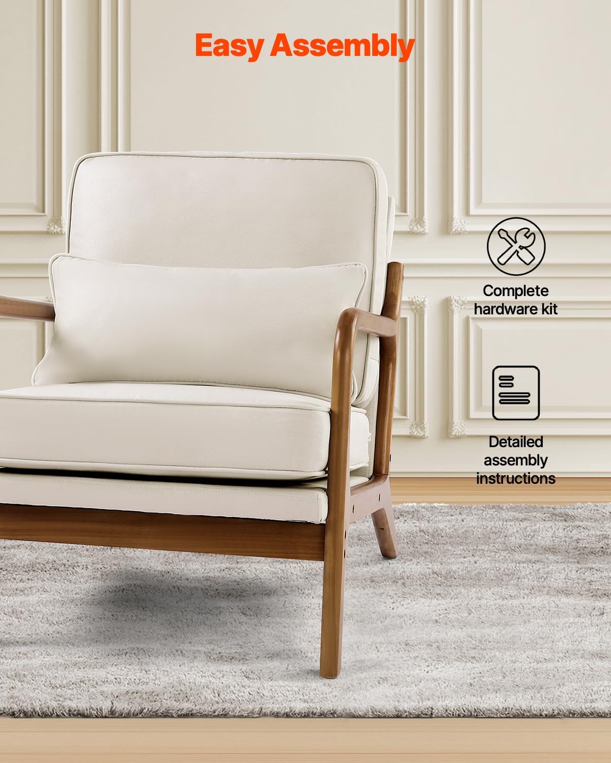 VEVOR Accent Chair, Mid Century Modern Armchair with Solid Wood Frame and Non-Slip Legs, Upholstered Leisure Chair with Linen Fabric and 5.7 in Thickened Cushion, for Living Room, Bedroom, Office