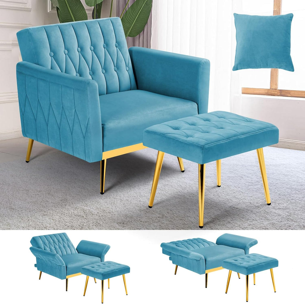 Velvet Accent Chair with Adjustable Armrests and Backrest, Button Tufted Lounge Chair, Single Recliner Armchair with Ottoman and Pillow for Living Room, Bedroom, Baby Blue