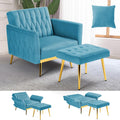 Velvet Accent Chair with Adjustable Armrests and Backrest, Button Tufted Lounge Chair, Single Recliner Armchair with Ottoman and Pillow for Living Room, Bedroom, Baby Blue