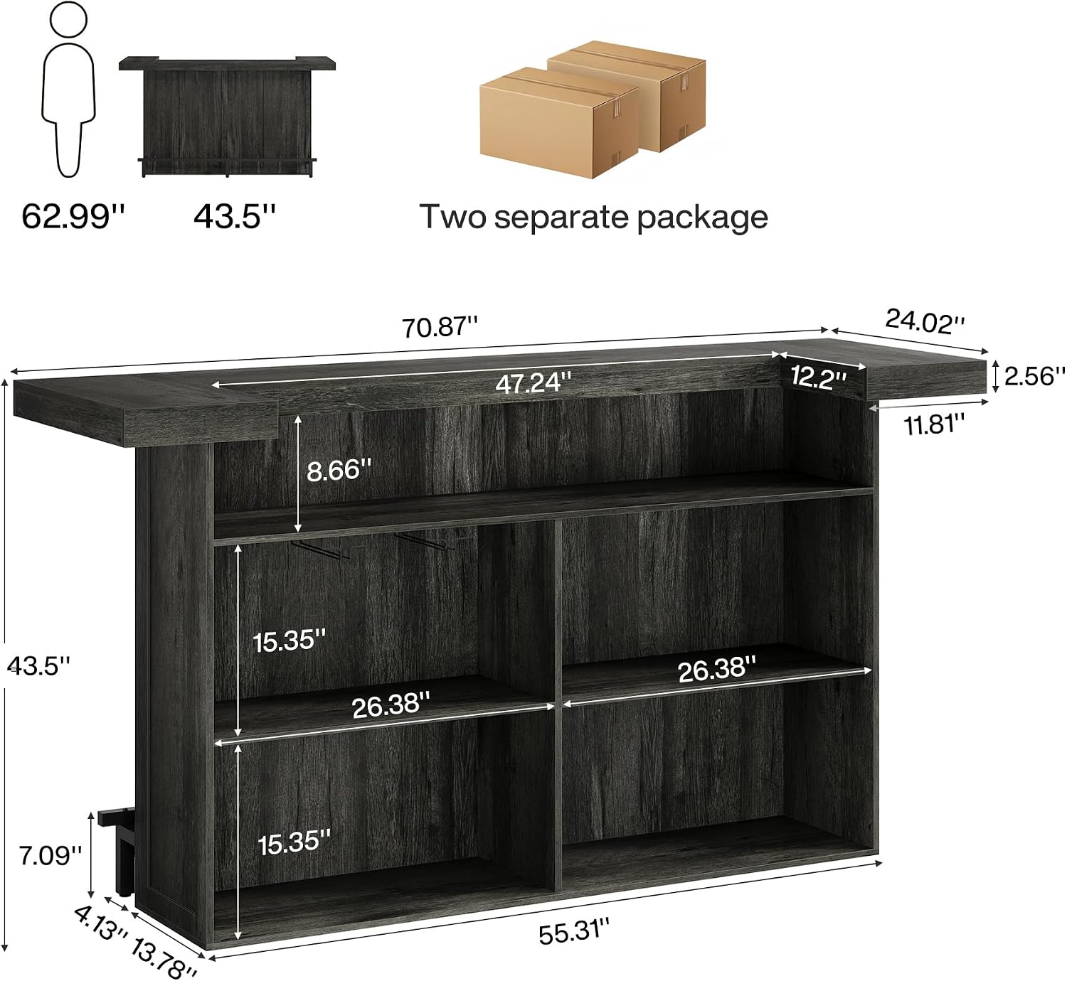 Tribesigns 4-Tier Bar Table, 70.9-Inch Large Wooden Home Bar Unit with Storage Shelves, Pub Table with Wine Glass Holder and Black Footrest for Basement, Dining Room, Living Room, Grey (Grey)