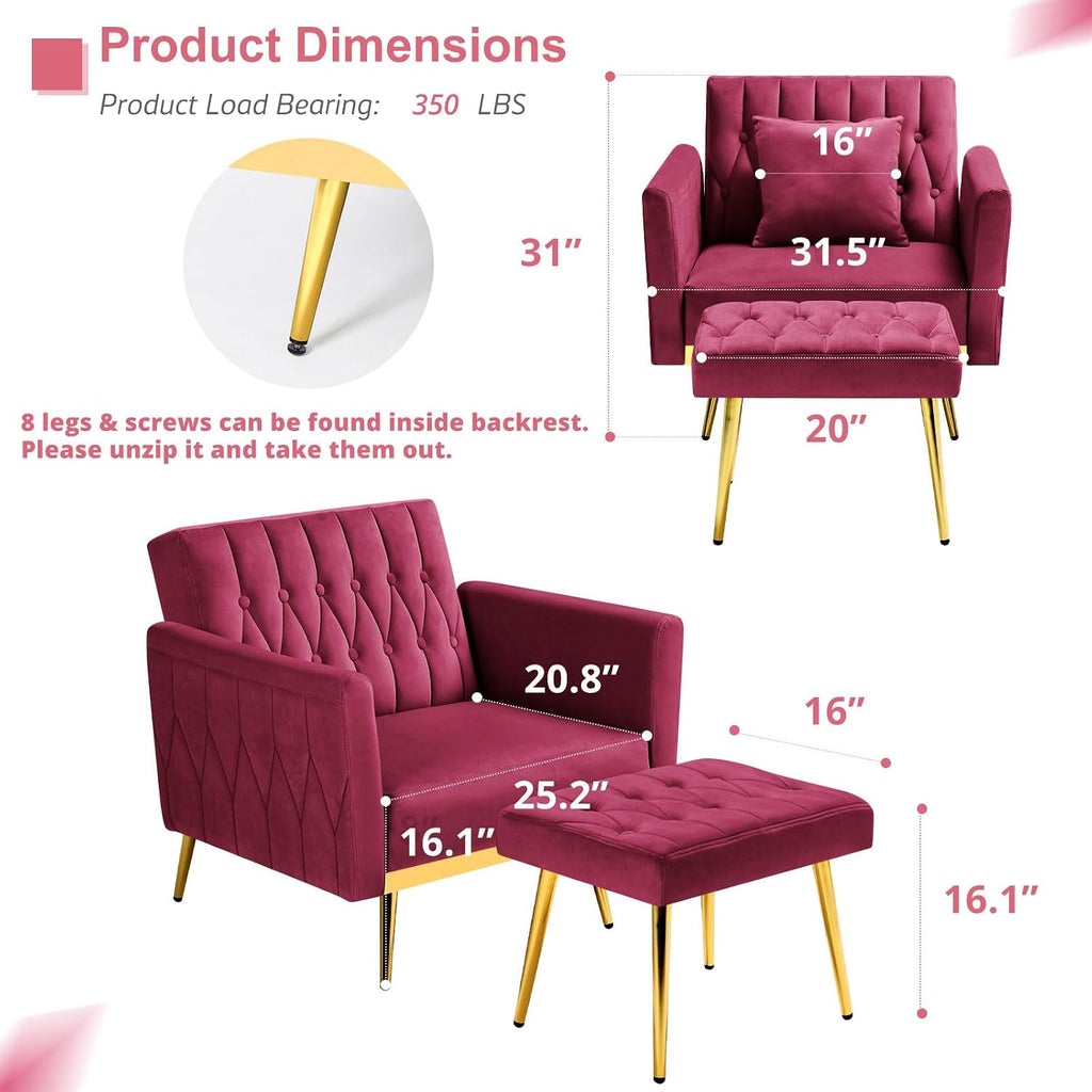 Velvet Accent Chair with Adjustable Armrests and Backrest, Button Tufted Lounge Chair, Single Recliner Armchair with Ottoman and Pillow for Living Room, Bedroom, Fuchsia