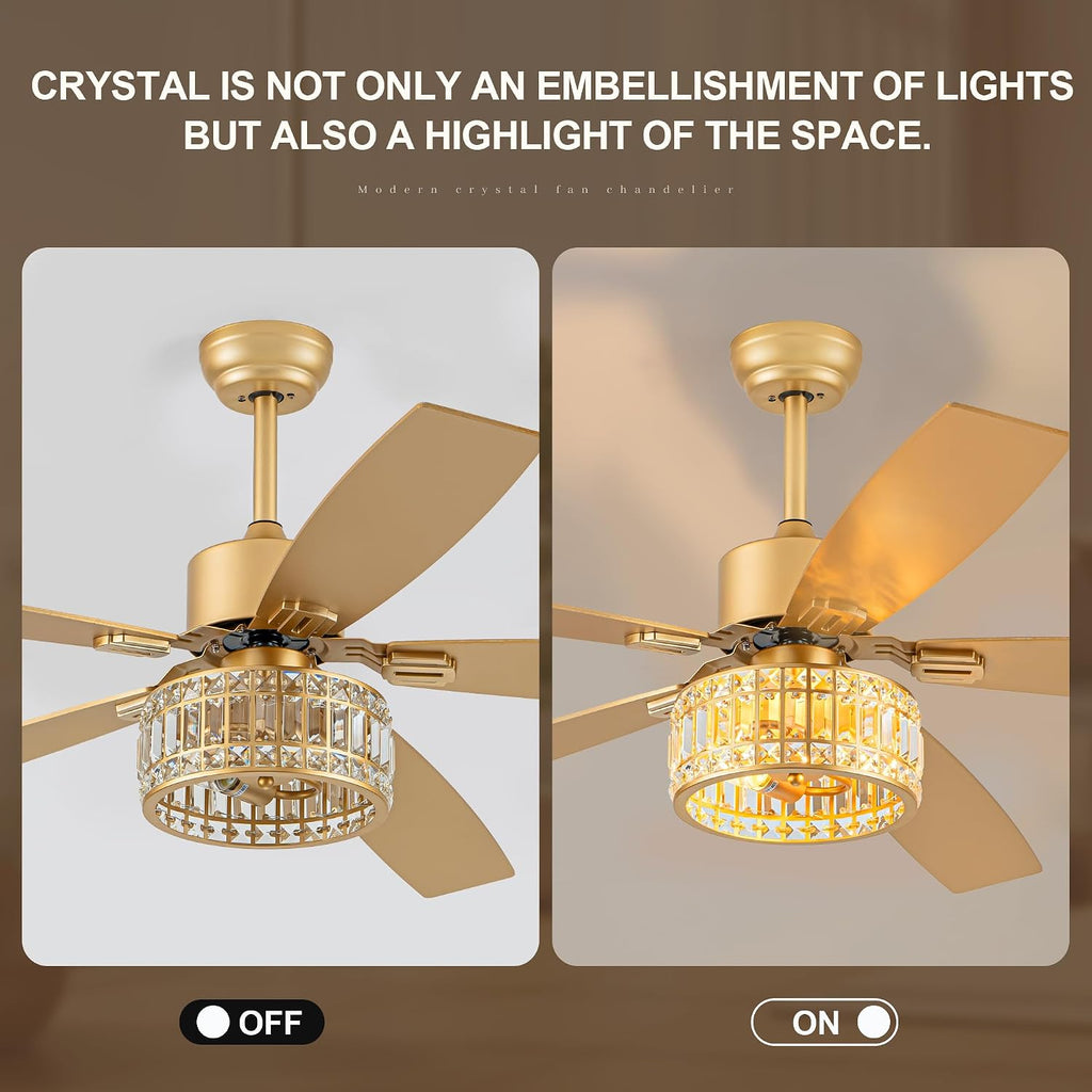 Chandelier Ceiling Fans with Lights and Remote,Caged Ceiling Fan with Light,App 5 Blades E26 Fandelier Ceiling Fans with Lights,Crystal Ceiling Fan for Bedroom,Living Room. (Gold, 52 Inch)