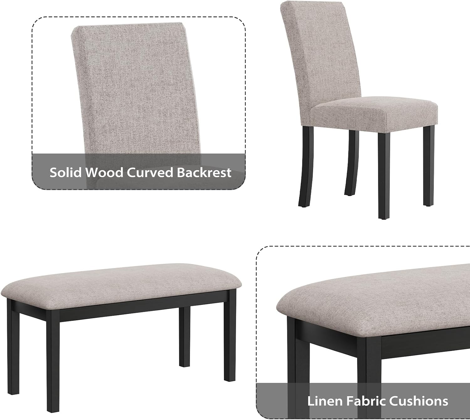 Zevemomo 6-Piece Wood Dining Table Set with Extra-Thick Cushions, Including 1 Dinner Table, 4 Upholstered Chairs and 1 Bench, Wooden Legs Dining Set for Dining Room, Kitchen, Restaurant, Black