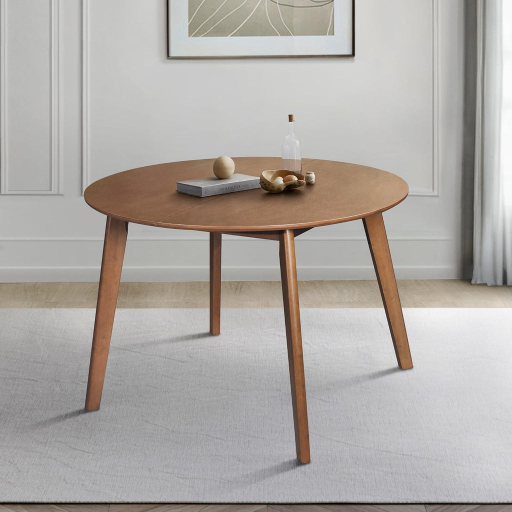 HOME DESIGN Lubec 5-Piece Modern Dining Set – Round Wooden Table & 4 Upholstered Linen Chairs, Curved Backrests, Compact Dining Room Furniture for Kitchen, Apartment, Brown/Gray