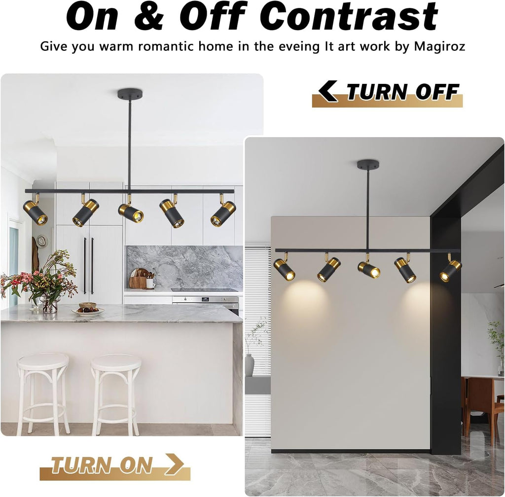 5 Light Modern Track Light Chandelier Industrial LED Hanging Track Lighting Kit Farmhouse Black and Gold Kitchen Track Lighting Fixtures Adjustable Ceiling Mount Linear Spotlights MCL05-5P BK