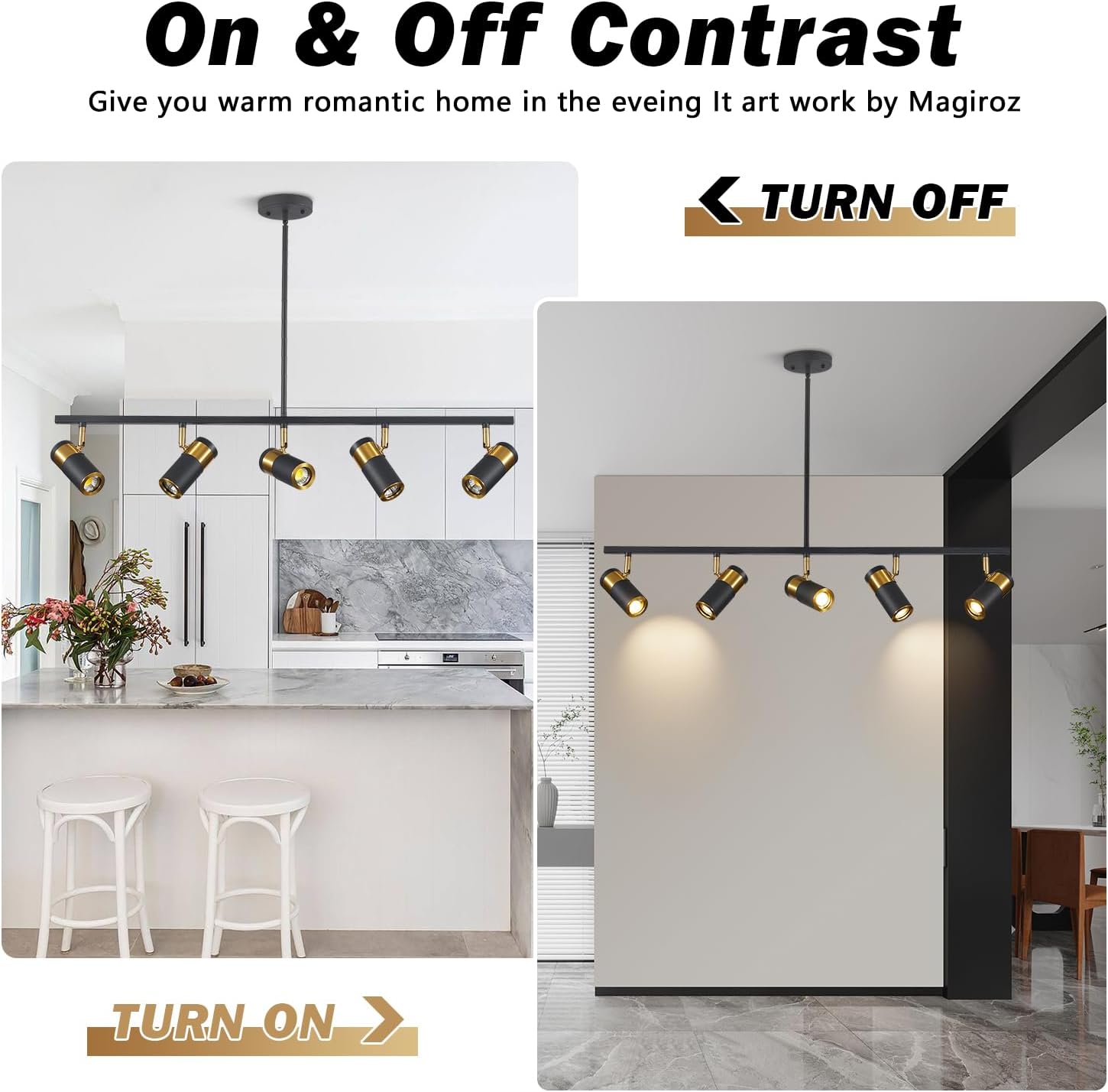 5 Light Modern Track Light Chandelier Industrial LED Hanging Track Lighting Kit Farmhouse Black and Gold Kitchen Track Lighting Fixtures Adjustable Ceiling Mount Linear Spotlights MCL05-5P BK