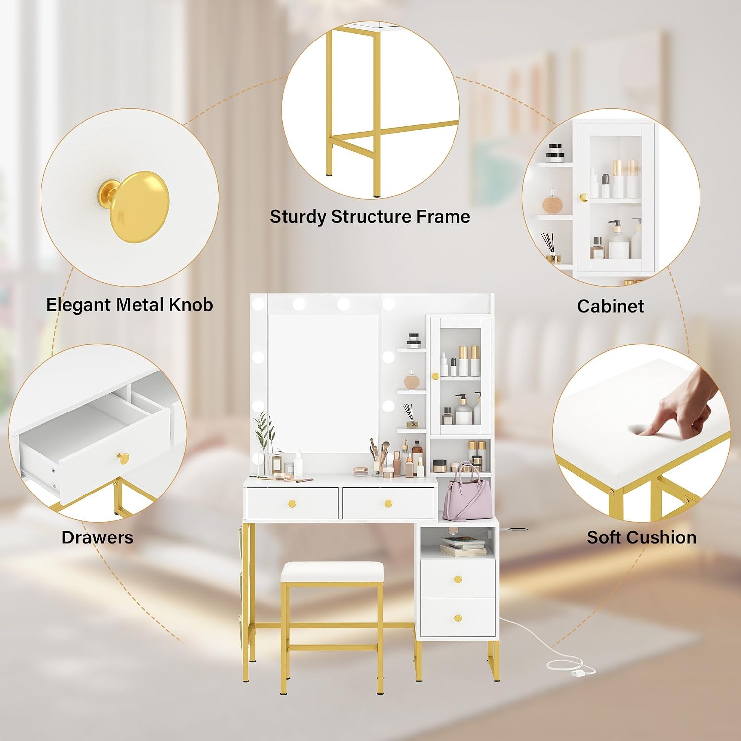 Modern Vanity Desk with HD Mirror and Lights, Makeup Table with 4 Drawers and Glass Cabinet, 3 Lighting Color Adjustable, Girls Dressing for Bedroom