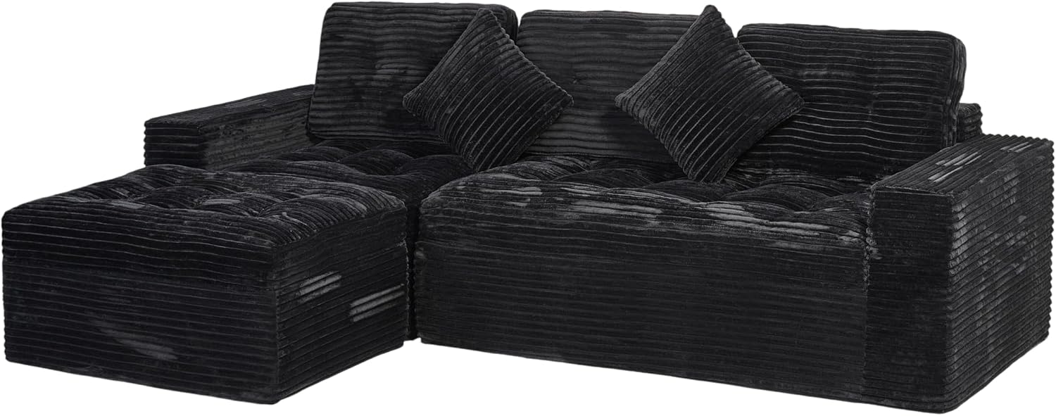 Eafurn 105' L-Shaped Boneless Modular Sectional Sofa with Movable Ottoman, Comfy Corduroy Floor Couch with Deep Seat and Tufted Seat, Flexible Module Combination for Living Room, No Assembly
