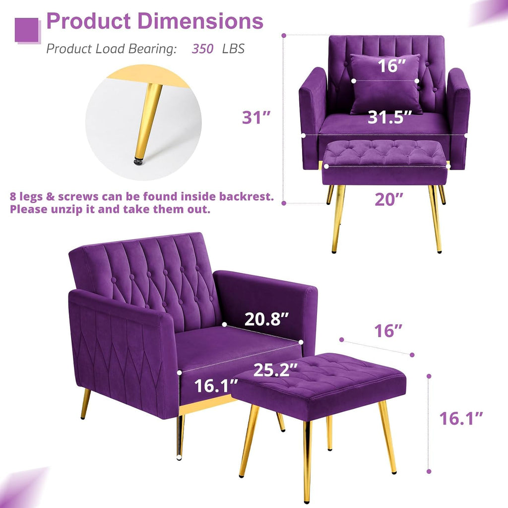 Velvet Accent Chair with Adjustable Armrests and Backrest, Button Tufted Lounge Chair, Single Recliner Armchair with Ottoman and Pillow for Living Room, Bedroom, Purpel