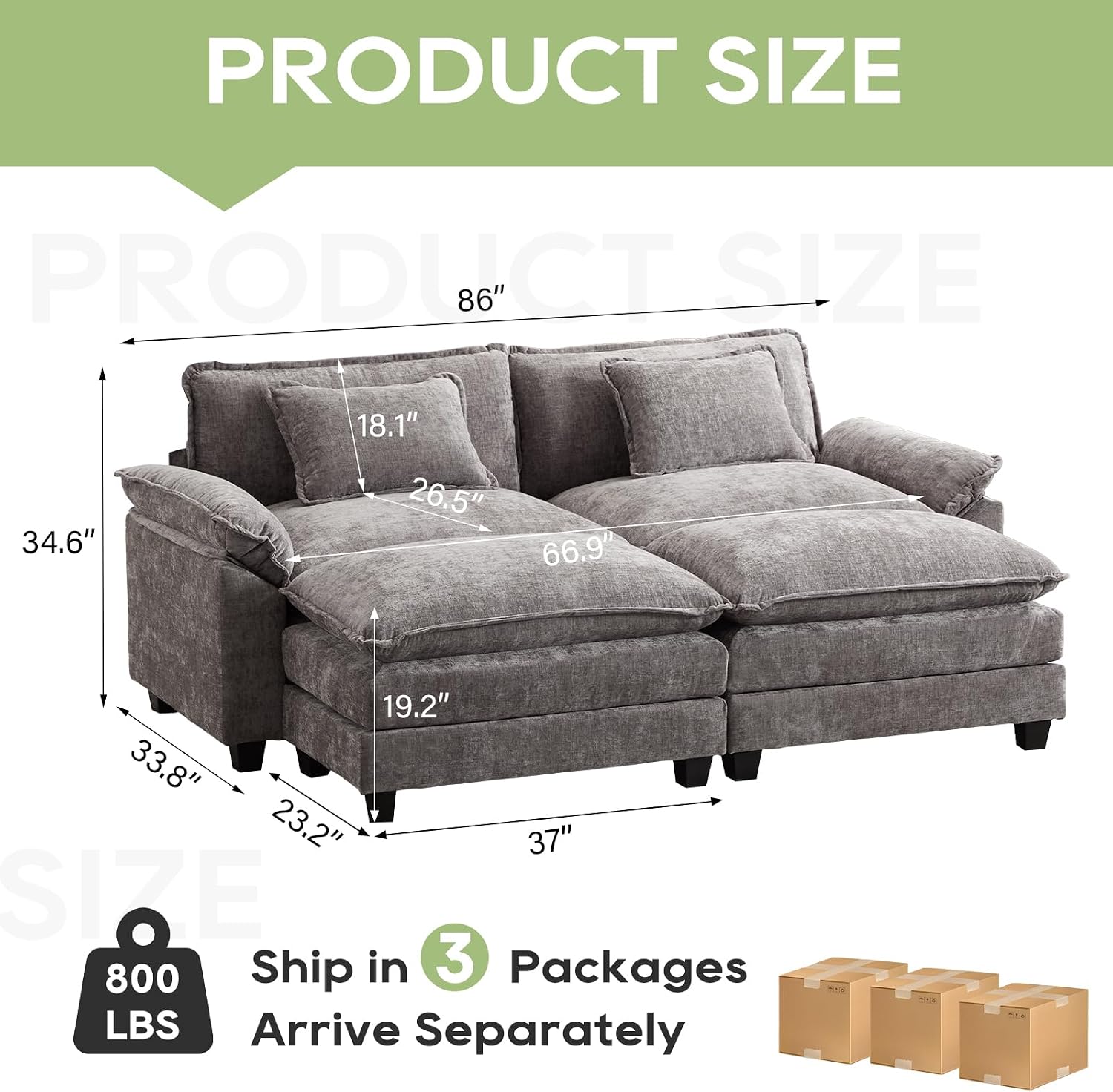 Oprisen 86' Modular Sectional Sofa, Comfy Cloud Couch Sectional Sofa with Ottomans, Chenille Sofa Sleeper Deep Seat Sofa with Throw Pillows for Living Room (Lgiht Grey)