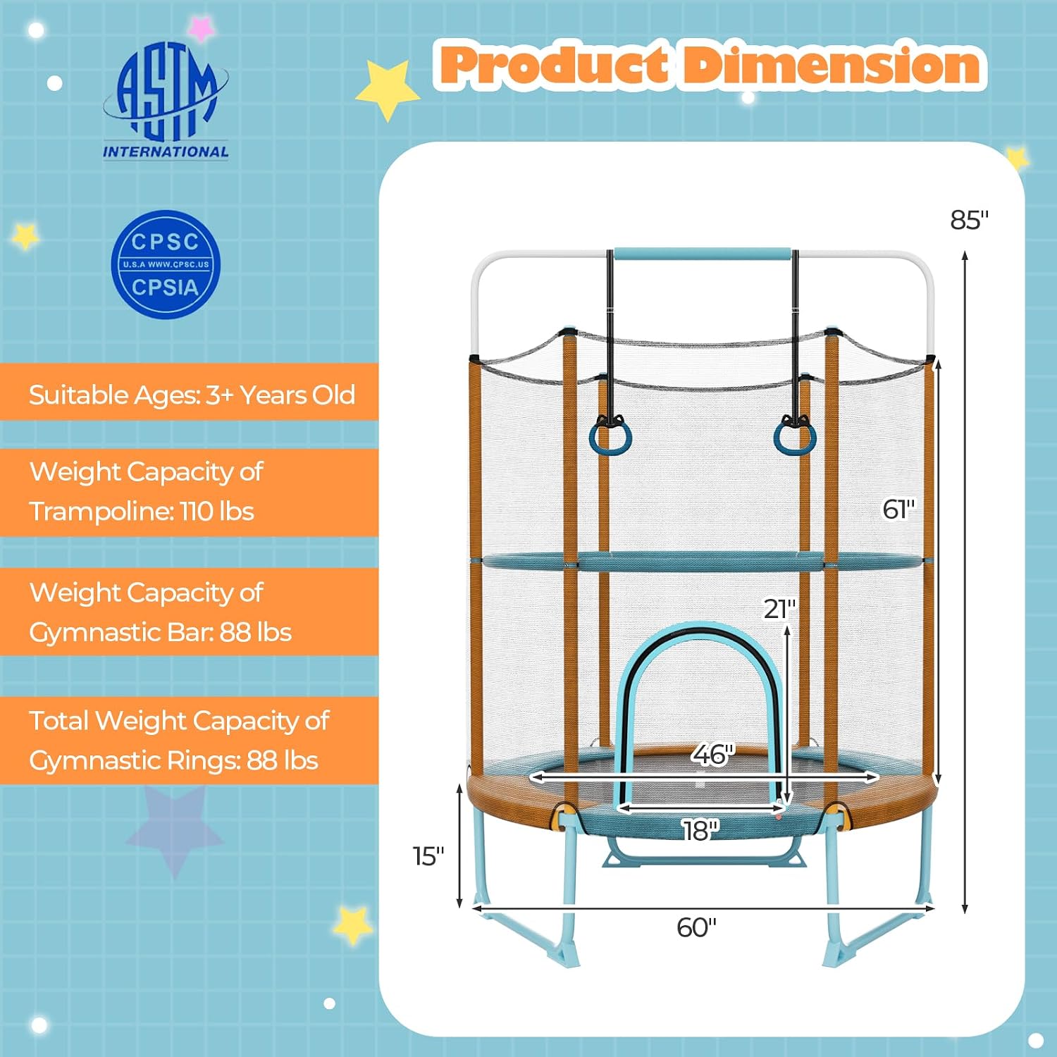Goplus 60'' Trampoline for Kids, 3-in-1 Toddler Trampoline with Gymnastic Bar, Swinging Rings, Heightened Safety Enclosure Net, 5 FT Indoor Outdoor Recreational Rebounder for Boys Girls