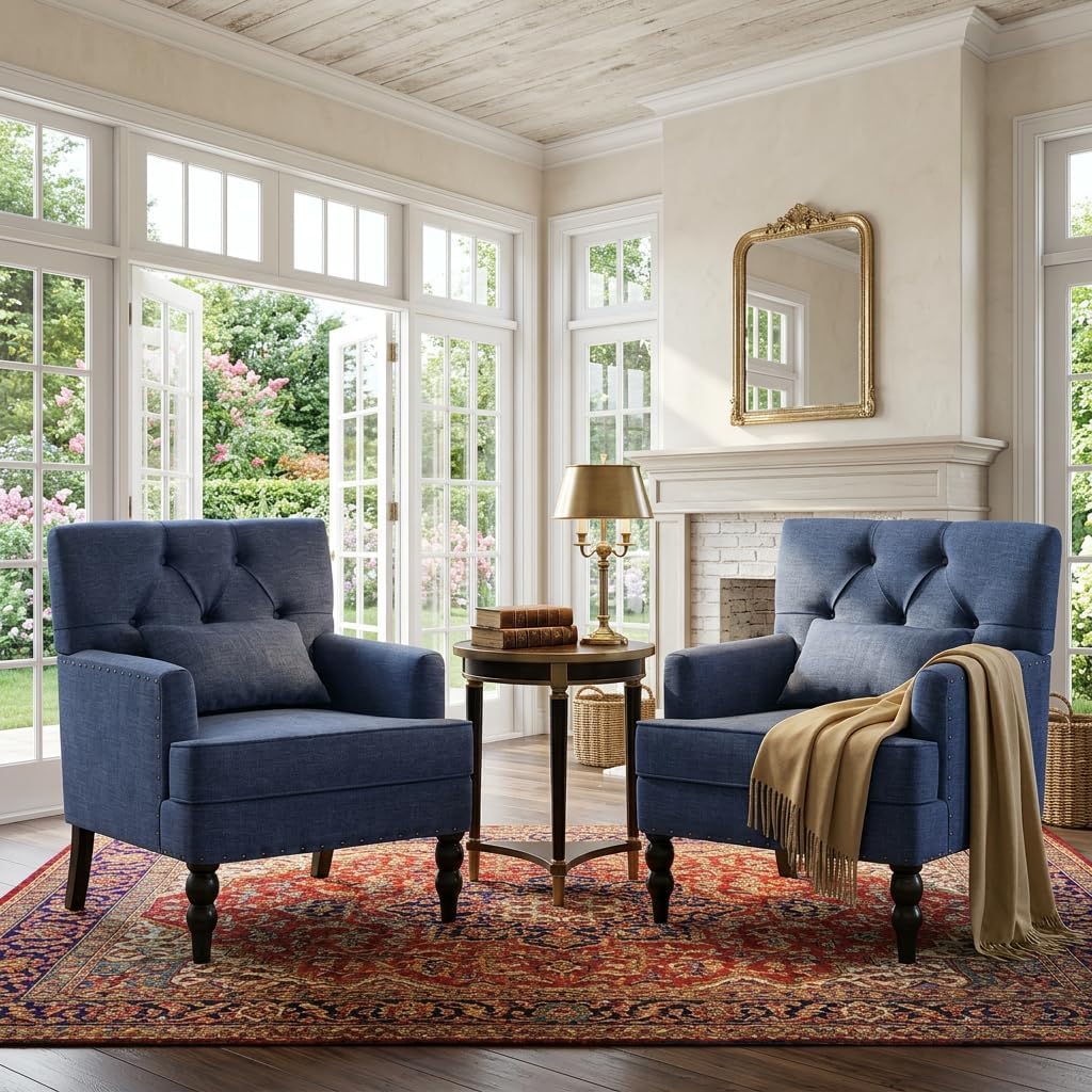 HUIMO Set of 2 Accent Chairs for Living Room, Tufted Upholstered Club Chairs with Lumbar Pillows, Vintage Reading Armchairs with Solid Wood Legs for Bedroom Apartment, Indigo Blue