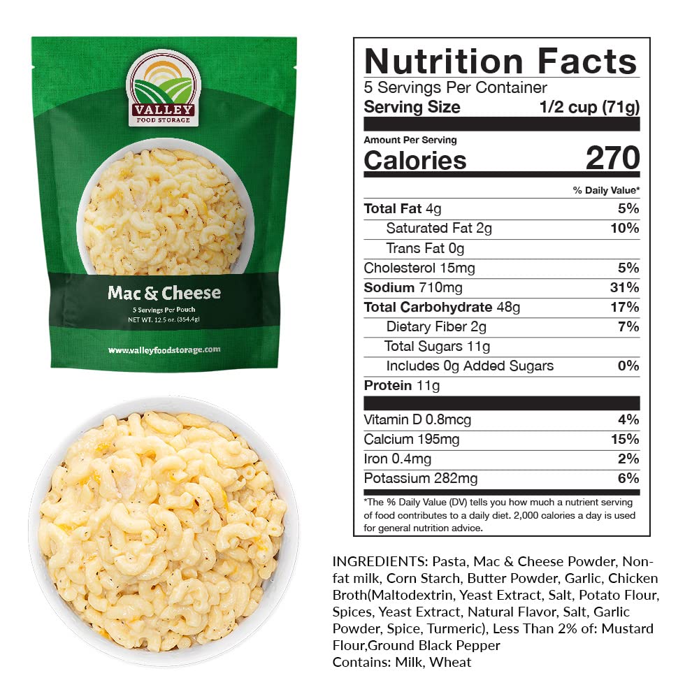 Valley Food Storage Mac and Cheese | 10-Bag Bucket, 50 Servings | Non-GMO Premium Emergency Food Supply, 25 Year Shelf Life | Survival Meal Kits, Prepper Food, Camping & Off-Grid Living Supplies