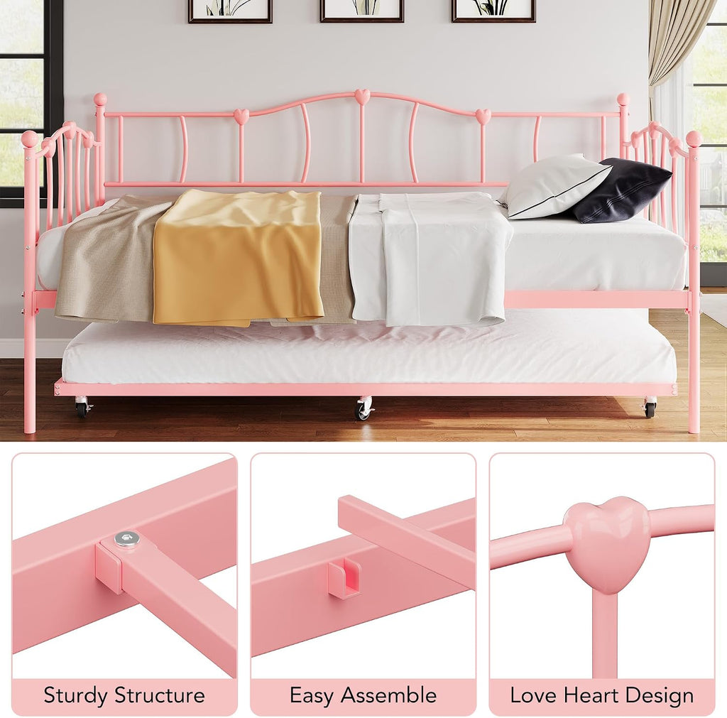 GarveeHome Twin Daybed with Trundle, Metal Sofa Bed Frame with Steel Slat Support, for Living Room, Bedroom, Love Heart Design, No Box Spring Needed, Pink