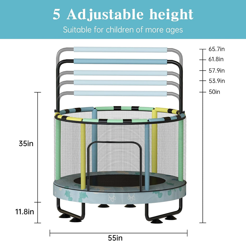 LAMERGE 55' 7-in-1 Round Trampoline for Kids Boys & Girls Ages 1-8, Indoor & Outdoor Trampoline for Fun, Adjustable Height Handrail ＆ Enclosed Safety Net ＆ Durable Designs for Toddlers Children