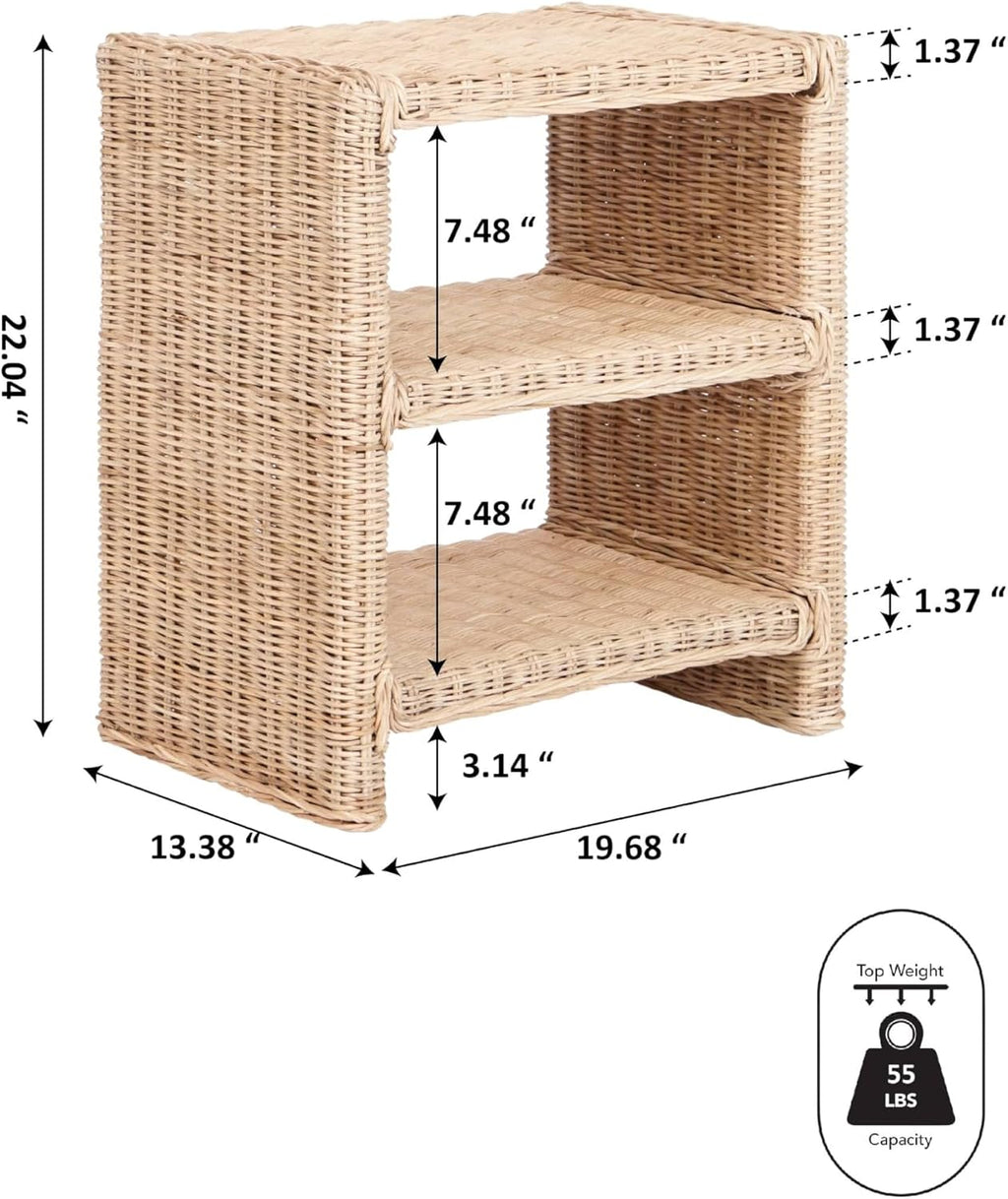 JONATHAN Y Praerie Woven Rattan and Mango Wood 3-Tier End Table, Bohemian Open Shelf Nightstand and Side Table for Living Room, Bedroom, Natural NST1000A