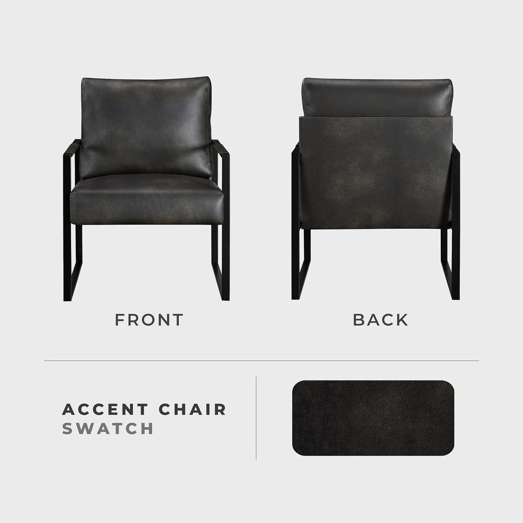 Lexicon Modern Accent Chair, Faux Leather Upholstered Living Room Chair With Wrapped Armrests,Arm Chair With Black Metal Frame,Comfy Single Chair For Living Room/Bedroom/Reading Room/Office,Dark Brown