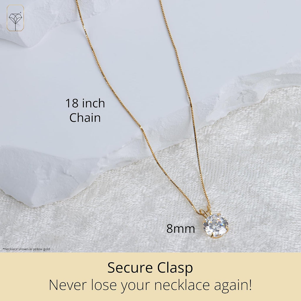 MAX + STONE 14k Gold 8mm Round Solitaire Cubic Zirconia Pendant Necklace for Women with 18 Inch Box Chain