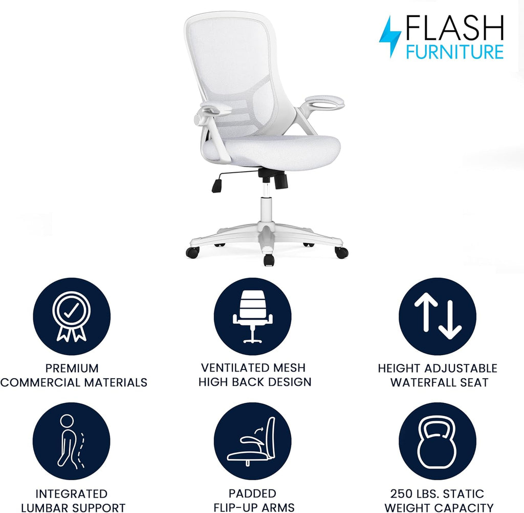 Flash Furniture Porter High-Back Swivel Office Chair with Adjustable Lumbar Support and Height, Ergonomic Mesh Desk Chair with Flip-Up Armrests, White