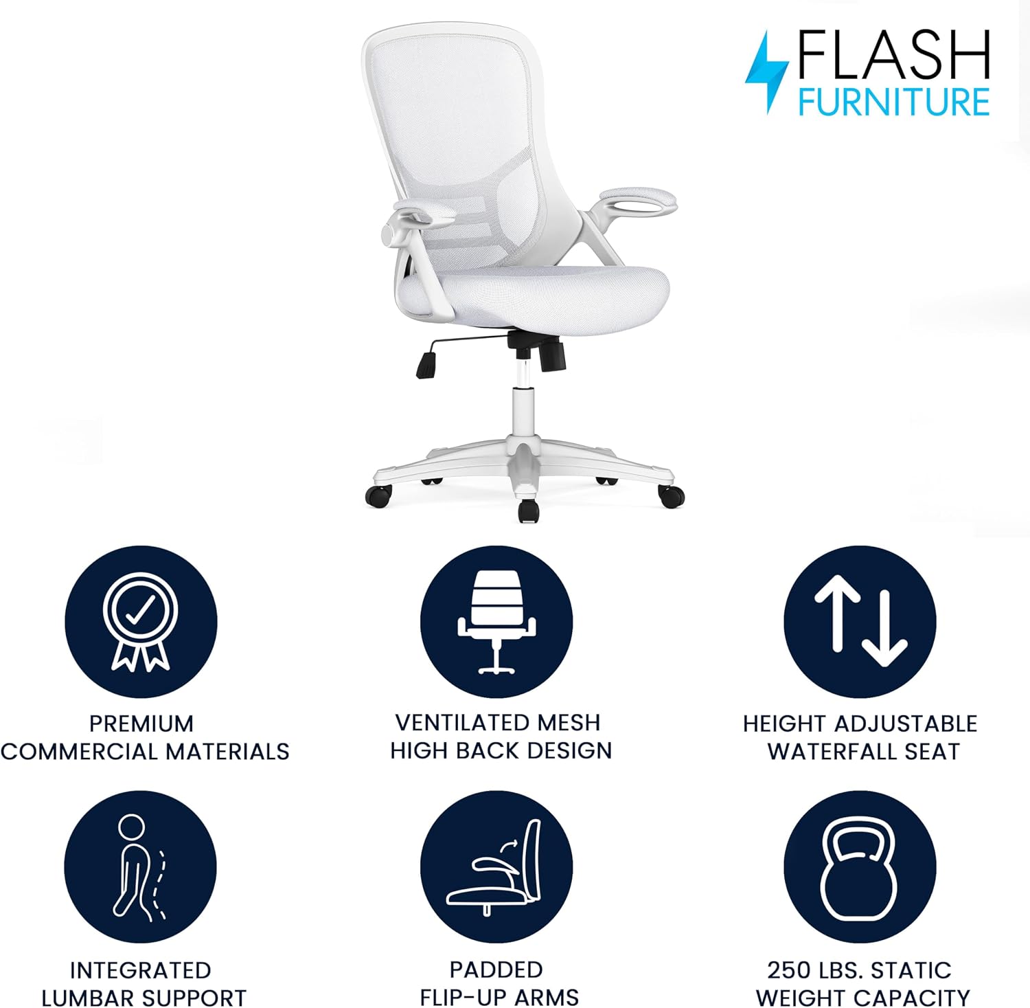 Flash Furniture Porter High-Back Swivel Office Chair with Adjustable Lumbar Support and Height, Ergonomic Mesh Desk Chair with Flip-Up Armrests, White