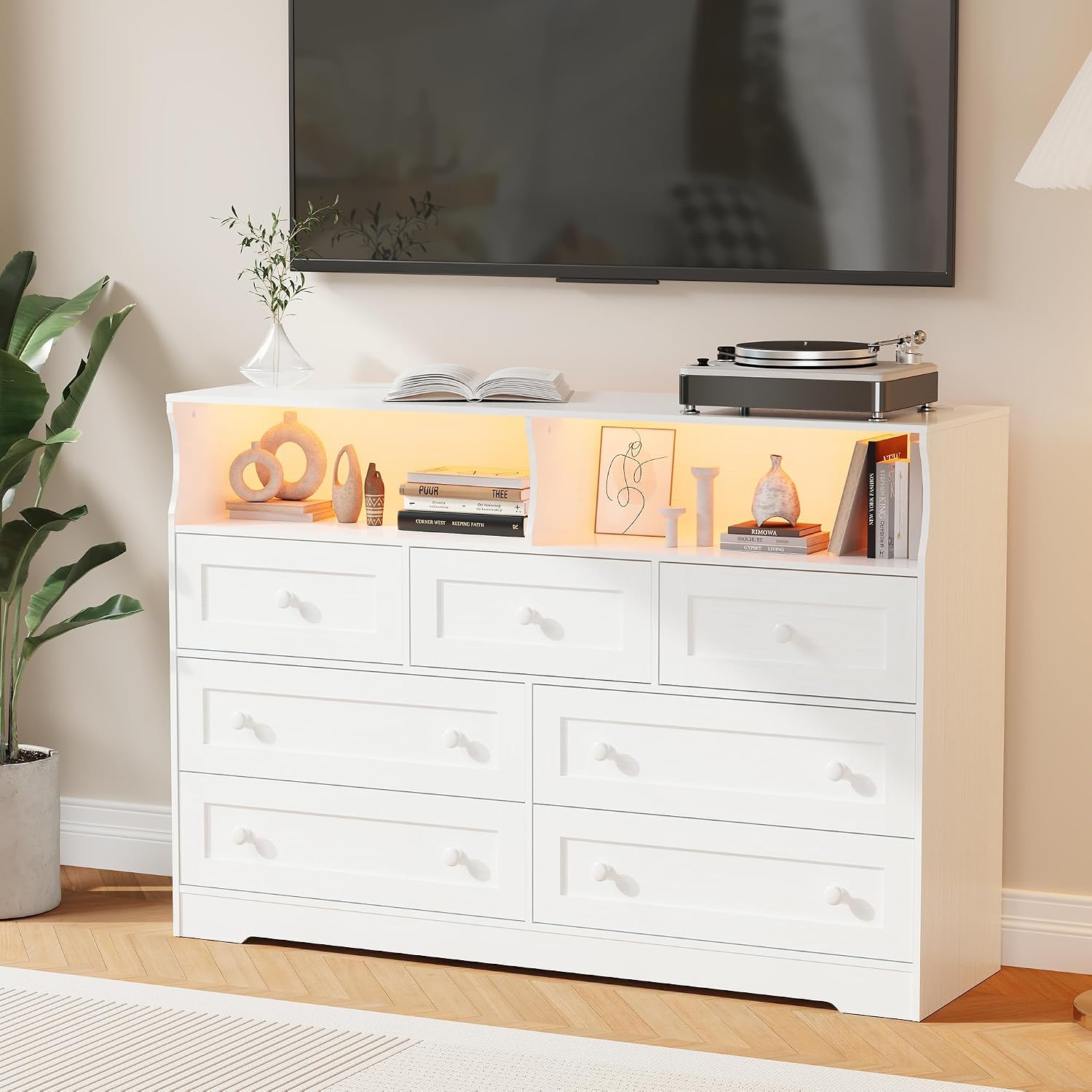 IDEALHOUSE Dresser for Bedroom with 7 Drawers, LED Lights & Charging Station, Wooden Chest with 2 Open Compartments, Freestanding Storage Organizer for Closet, Nursery, Entryway, White