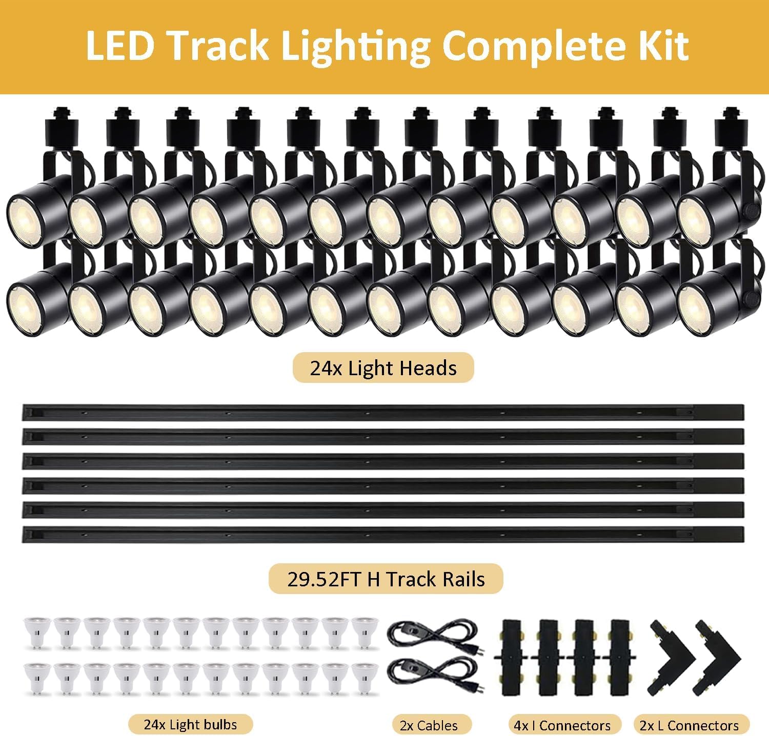 Black Dimmable LED Track Lighting Kit, 3CCT 10W Track Lights Heads 3000K/4000K/6000K Adjustable with 29.52FT H-Type Track Light Rails 24PCS Ceiling Spotlight Fixture Replaceable GU10 Bulbs