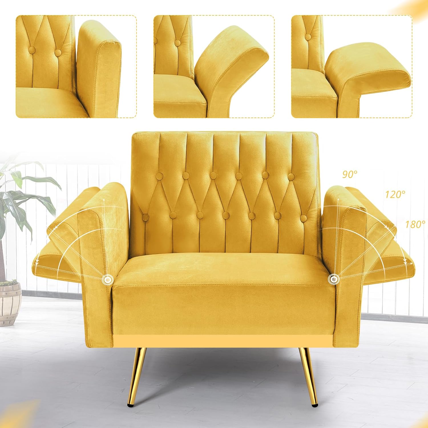 Velvet Accent Chair w/Adjustable Armrests and Backrest, Button Tufted Lounge Chair, Single Recliner Armchair with Ottoman and Pillow for Living Room, Bedroom,Yellow