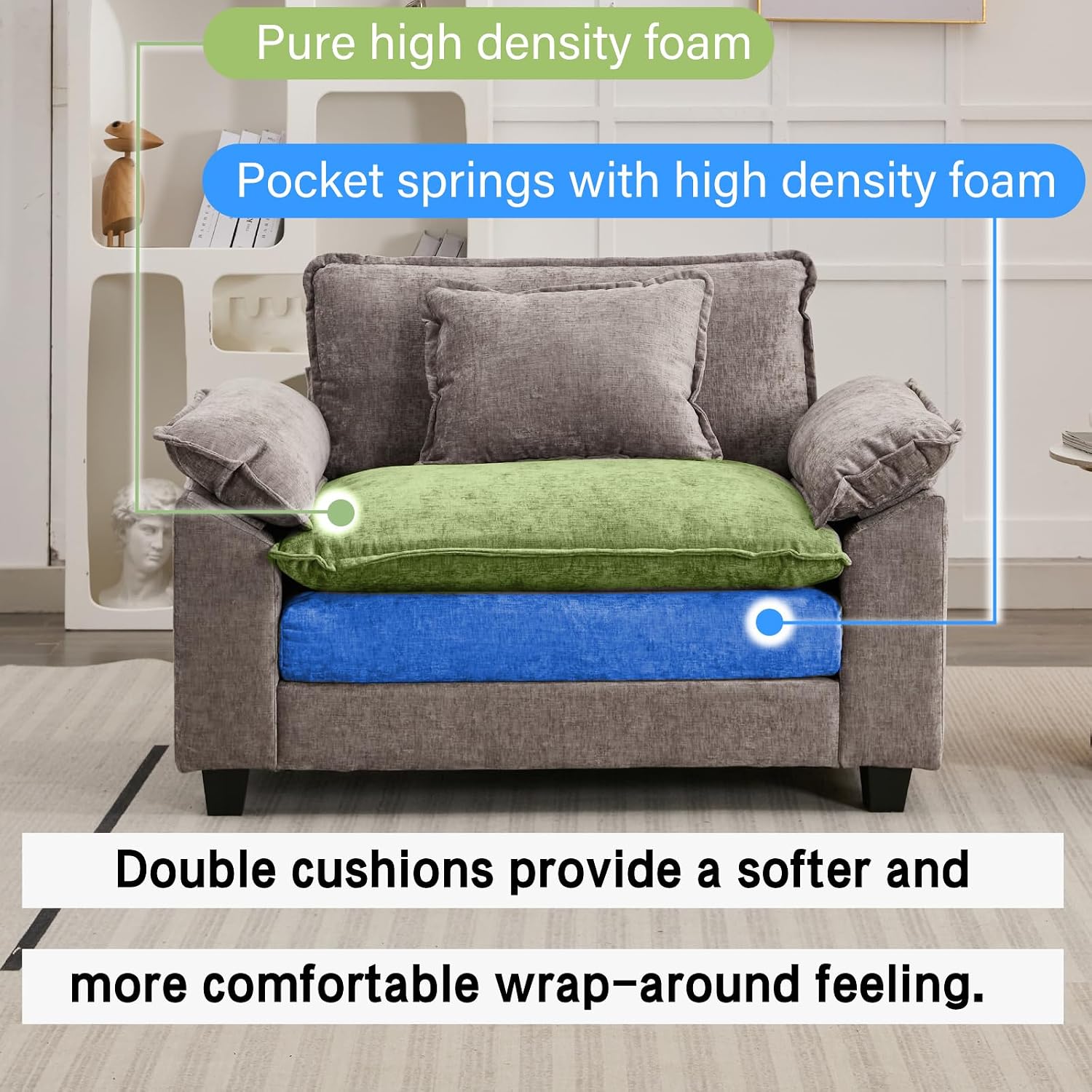 Oprisen Modular Sectional Sofa, Comfy Cloud Couch Sectional Sofa, Chenille Sofa Sleeper Deep Seat Sofa with Throw Pillows for Living Room (Light Gray, 53'- Single Seat)