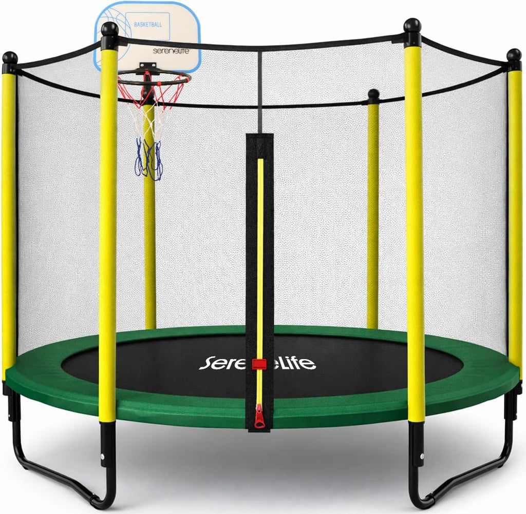 SereneLife 5FT Outdoor & Indoor Trampoline for Kids – Durable Mini Toddler Trampoline with Net Enclosure & Basketball Hoop - Supports 176 lbs, 60'x76'