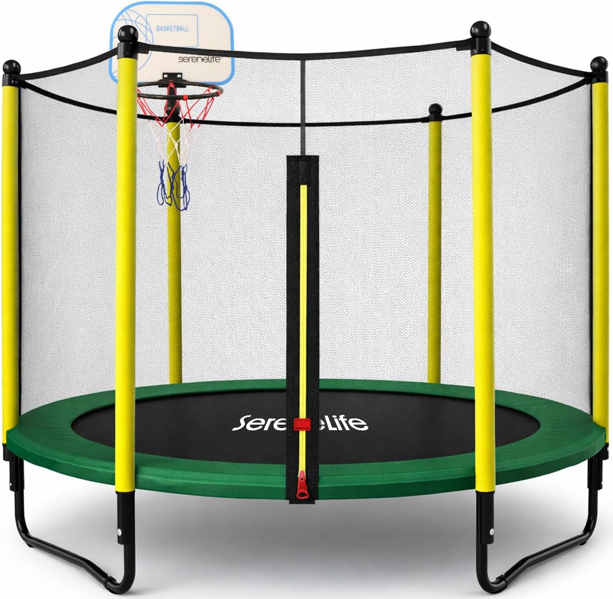 SereneLife 5FT Outdoor & Indoor Trampoline for Kids – Durable Mini Toddler Trampoline with Net Enclosure & Basketball Hoop - Supports 176 lbs, 60'x76'