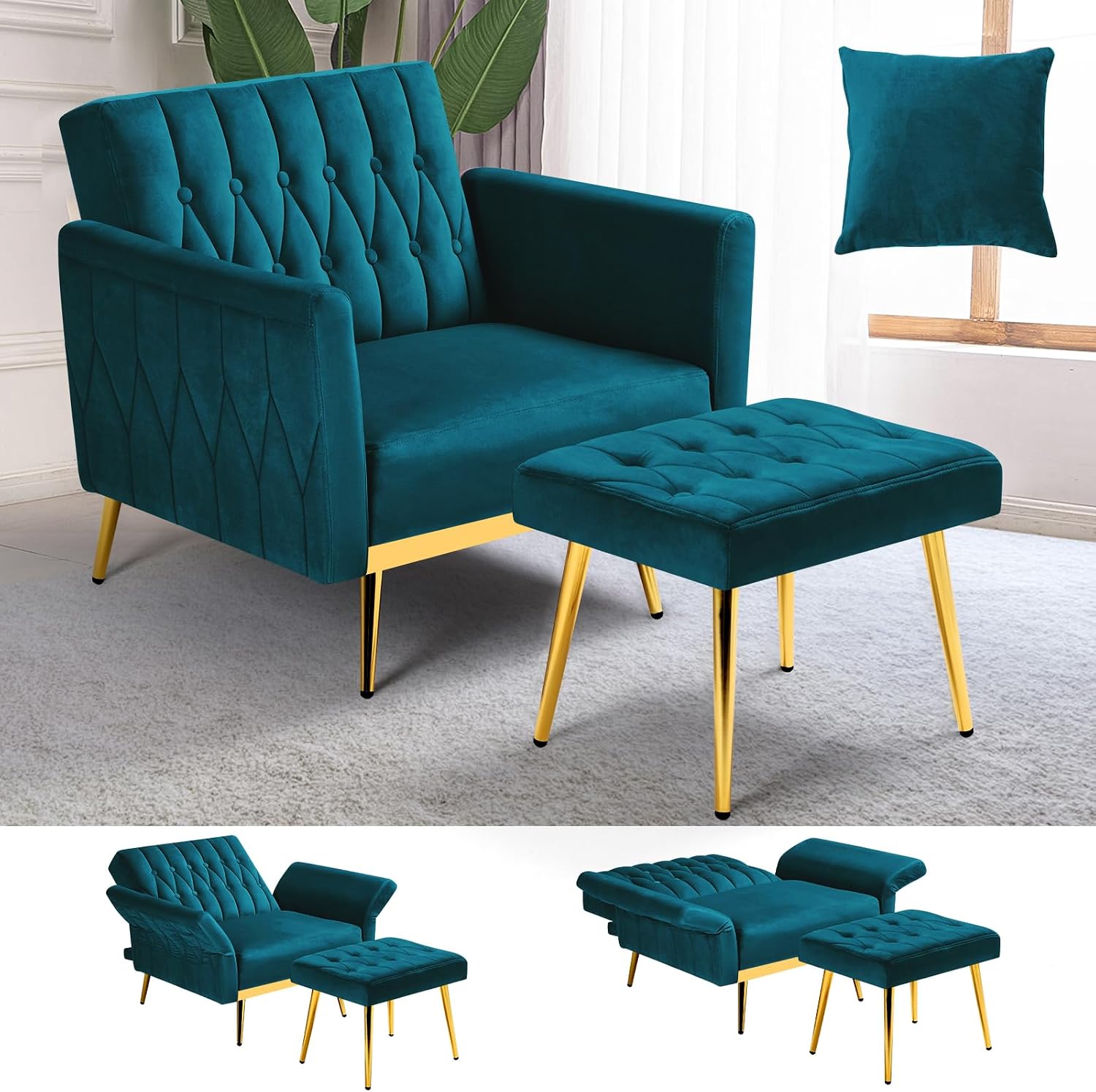 Velvet Accent Chair with Adjustable Armrests and Backrest, Button Tufted Lounge Chair, Single Recliner Armchair with Ottoman and Pillow for Living Room, Bedroom,Teal