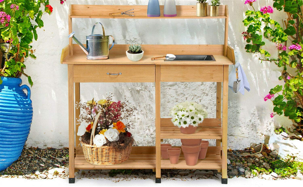 48' Wooden Outdoor Indoor Planting Gardening Garden Potting Bench Workbench Workstation Table Removable Sink Drawer 2 Tiers Storage Shelves Rack Open Shelf 3 Side Hooks Gardening Supplies Tools Storag