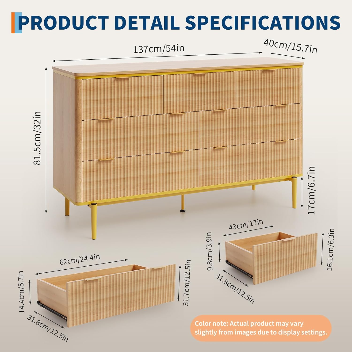 Garvee LED Dresser with Charging Station - Modern 5-Drawer 47' Wide Wooden Chest, Storage Organizer for Bedroom, Nursery, Hallway & Apartments
