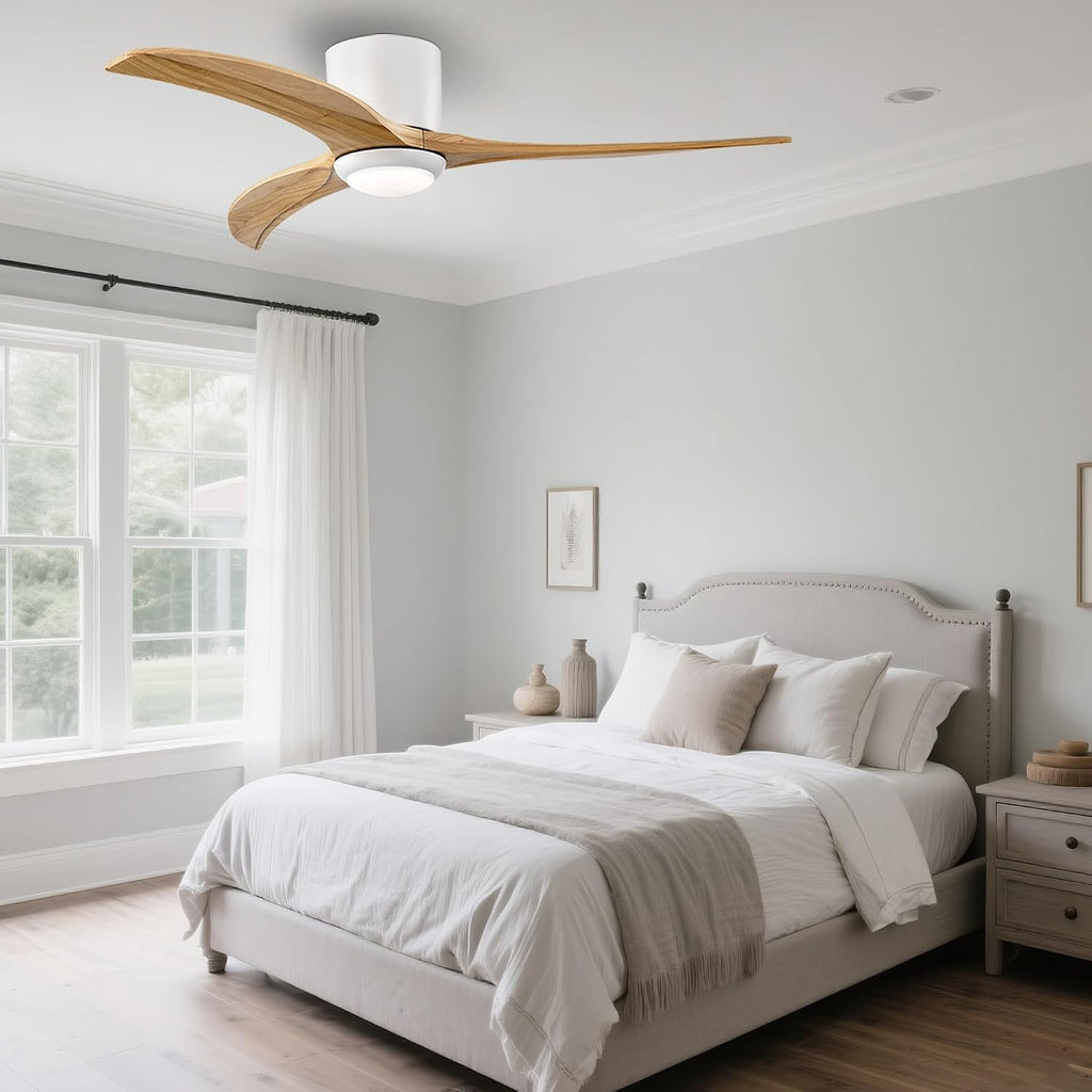 52'' Modern Dimmable Fandelier with Light and Remote, Low Profile Flush Mount Ceiling Fan Wooden Chandelier Fan Reversible DC Motor Ceiling Fans for Bedroom Living Room (White)