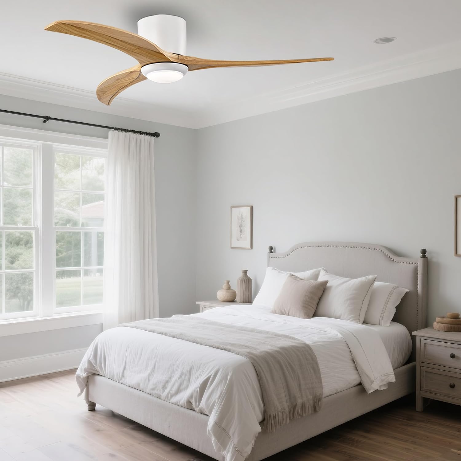 52'' Modern Dimmable Fandelier with Light and Remote, Low Profile Flush Mount Ceiling Fan Wooden Chandelier Fan Reversible DC Motor Ceiling Fans for Bedroom Living Room (White)