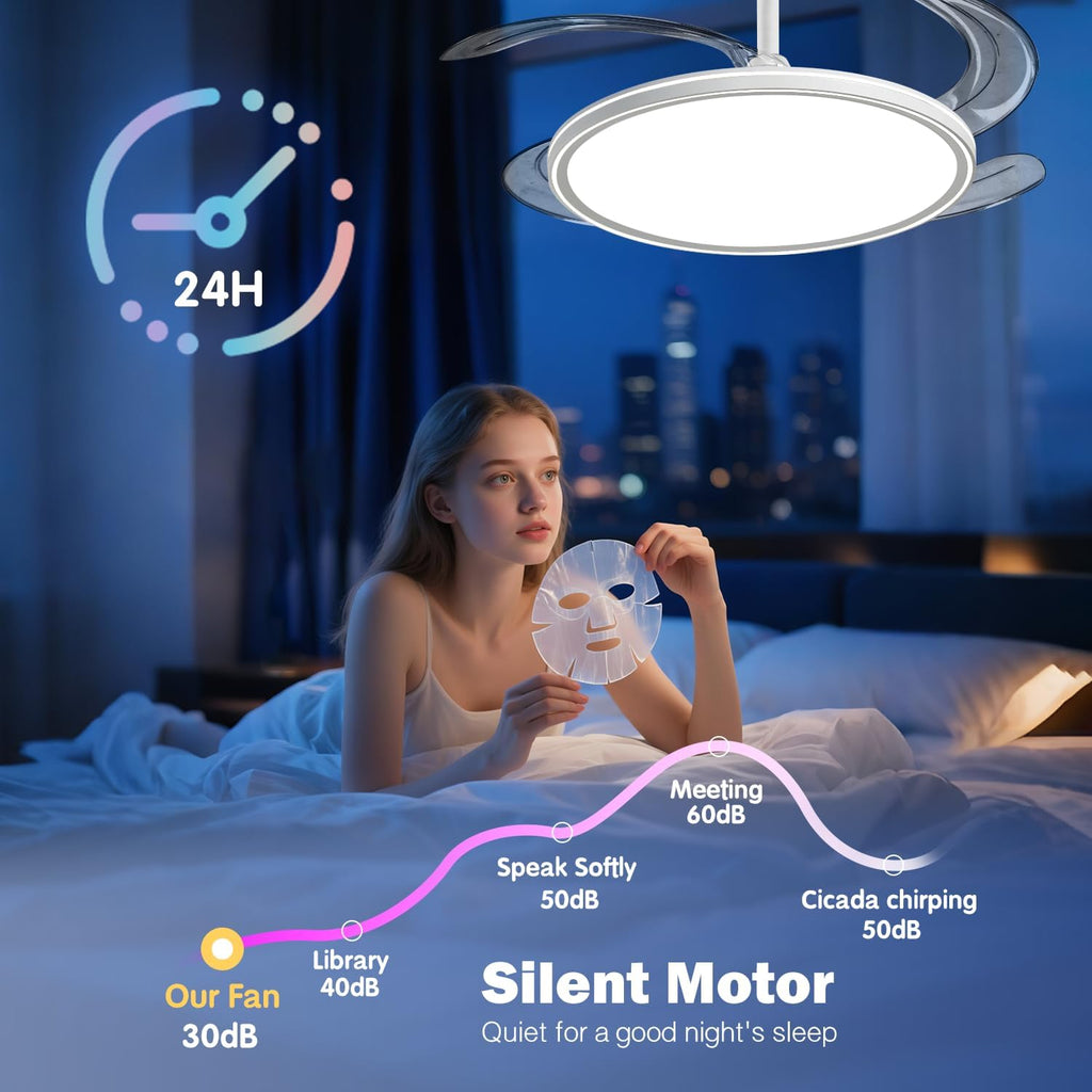 BAYSQUIRREL Slim Retractable Ceiling Fan, 42 Inch Low Profile Ceiling Fan with Remote Control, Dimmable Full Spectrum with Memory, 6-Speed Reversible Fan, White