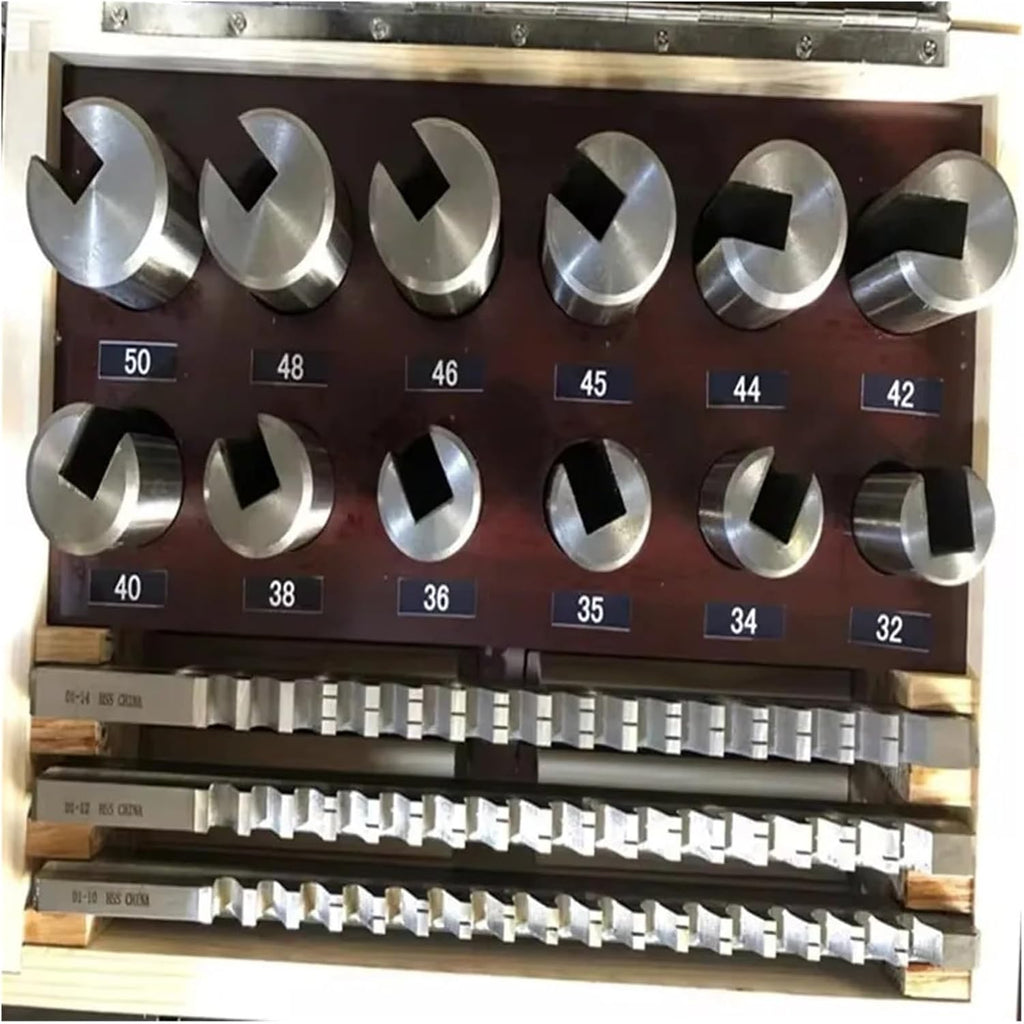 VARNOK Keyway Broach 21pcs Keyway Broach Tool Set 10mm 12mm 14mm Broaches 32-50 Bushings Shims HSS Cutting Tools for CNC Machine