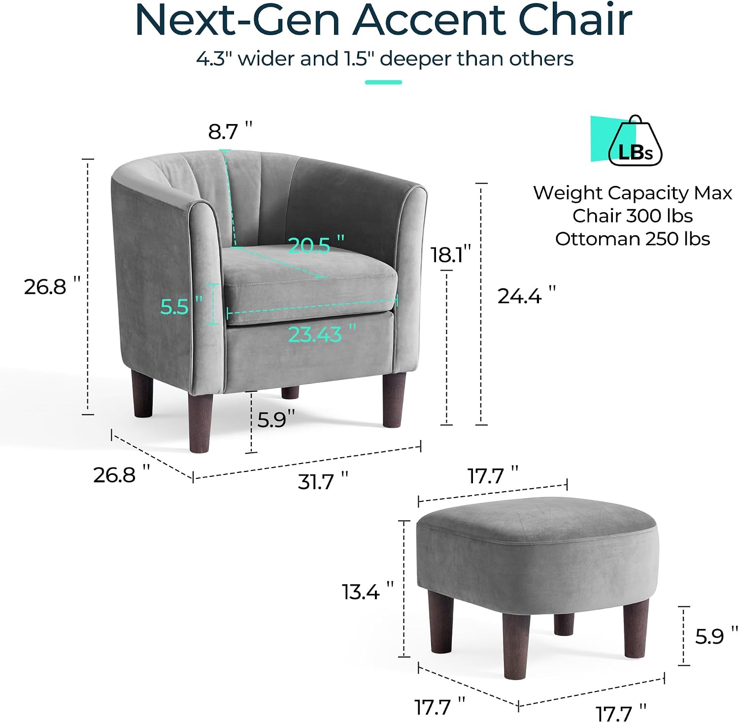 LINSY Accent Chair with Ottoman, Modern Armchair Comfy Barrel Reading Chair with Footrest for Living Room Bedroom Reading Room, Velvet, Light Grey