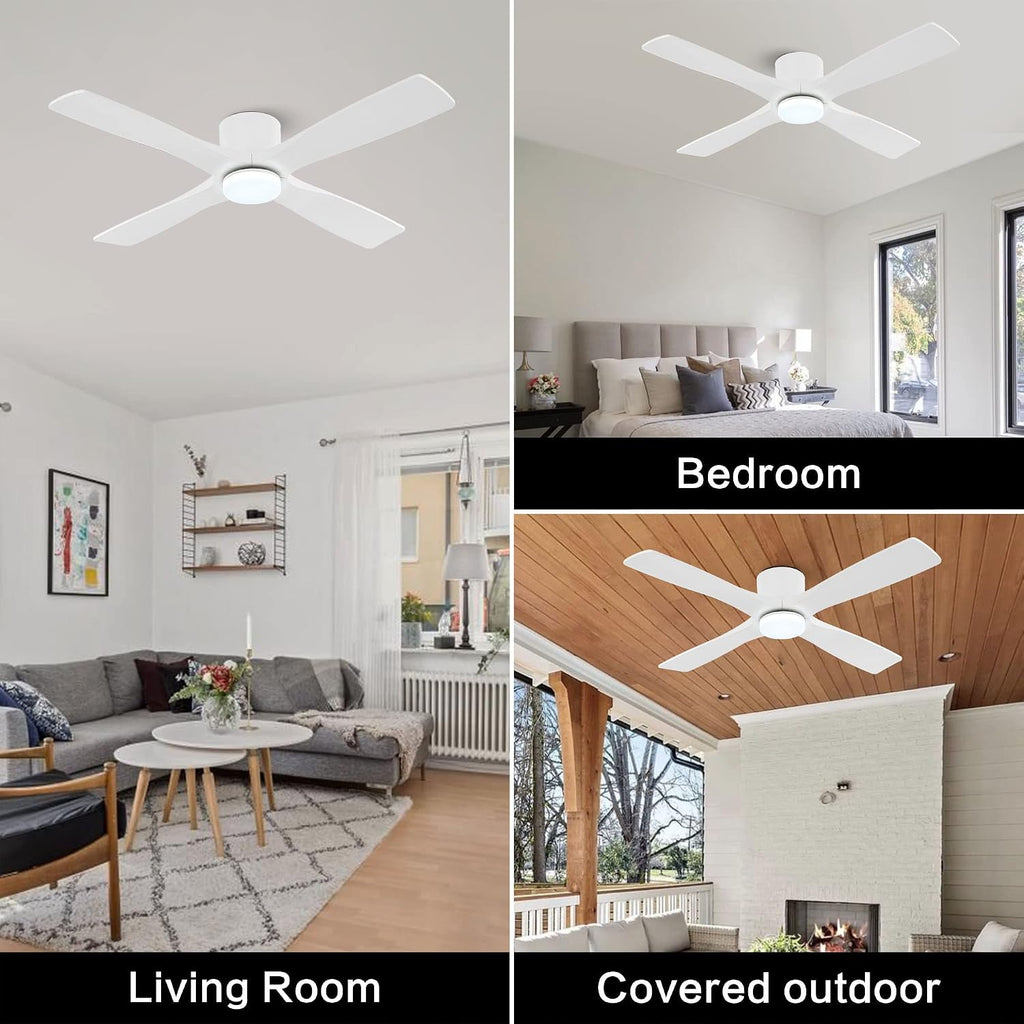 WINGBO 54 Inch Flush Mount DC Ceiling Fan with Lights and Remote, 4 Reversible Carved Wood Blades, 6-Speed Noiseless DC Motor, Hugger Ceiling Fan in Gloss White with White Blades