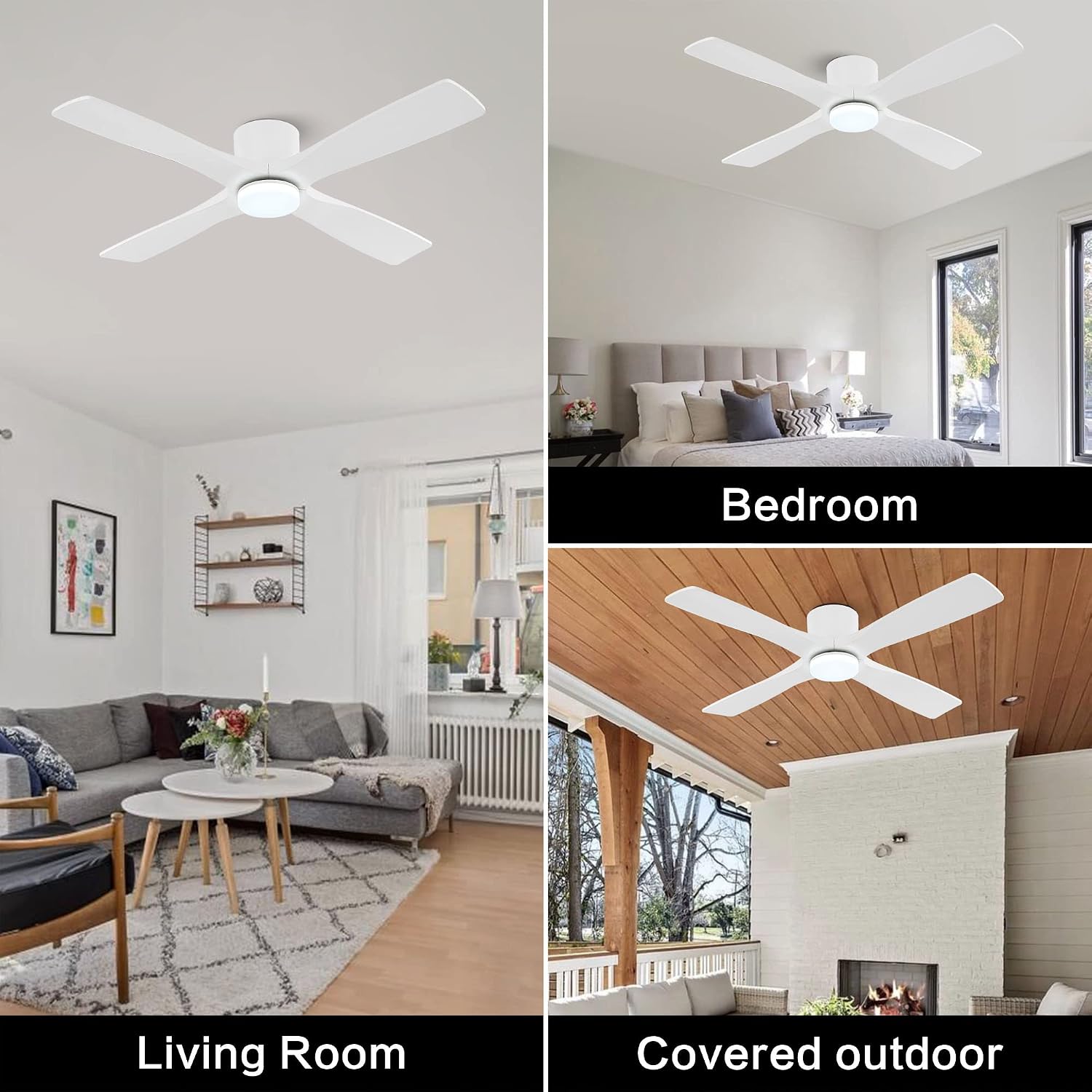 WINGBO 48 Inch Flush Mount DC Ceiling Fan with Lights and Remote, 4 Reversible Carved Wood Blades, 6-Speed Noiseless DC Motor, Hugger Ceiling Fan in White Finish, Low Profile Ceiling Fans, ETL Listed