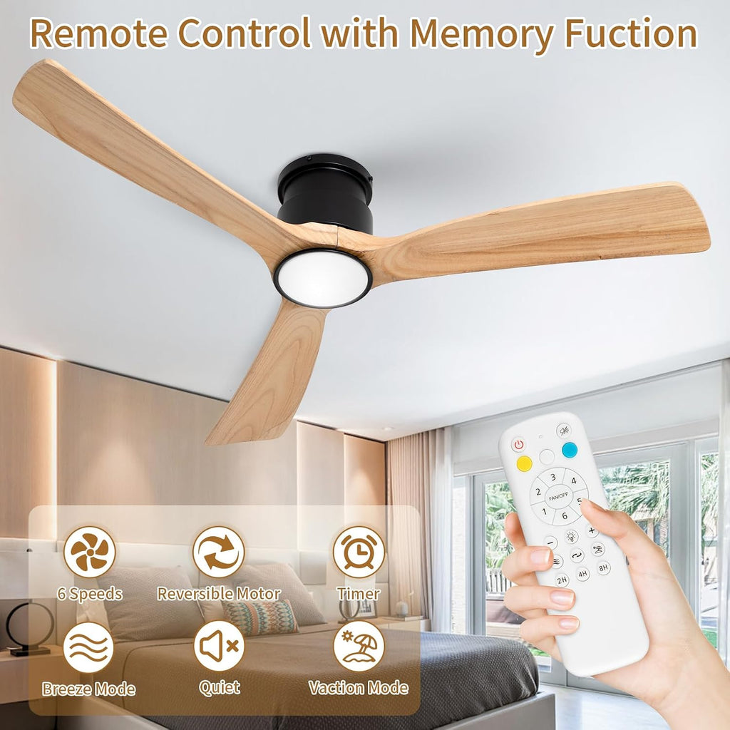 Ceiling Fan with Lights,52 Inch Wood Flush Mount Ceiling Fans with Remote Control,Dimmable Light,3 CCT,6 Speeds,Noiseless,Ceiling Fan for Bedroom,Living Room,Office,Indoor,Natural Wood and Black