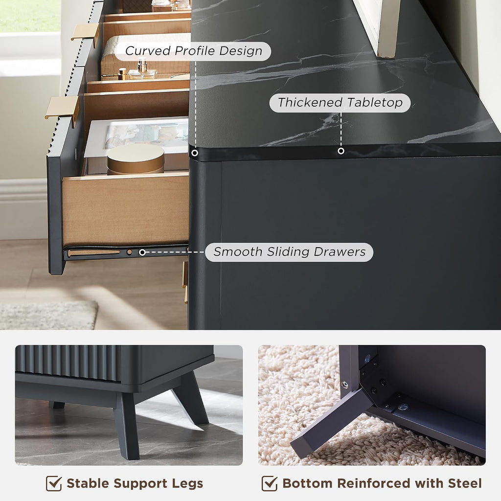 T4TREAM Fluted 9 Drawers Dresser, 54' Wide Modern Chest of Drawers with Faux Marble Top, Curved Profile Design, Dresser TV Stand, Wood Drawer Organizer for Bedroom, Living Room, Hallway, Dark Grey